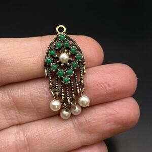 SARAH COVENTRY Art Deco Dainty Victorian Pendant Arch Faux Jade Dangling Pearls